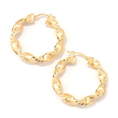 18K White or Yellow Gold Satin & Polished Twist Hoop Earrings