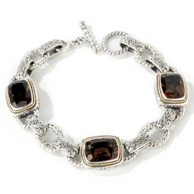 Sterling Silver/18K 8" Green or Smoky Quartz Link Bracelet
