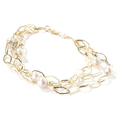 14K Gold 8" Triple-Strand Marquise Link Cultured Freshwater Pearl Bracelet