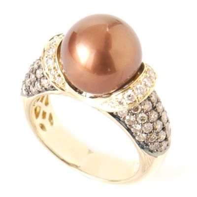 14K Gold Chocolate / White Diamond & South Sea Cultured Pearl "Gloria" Ring