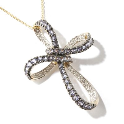 14K Tanzanite or Tsavorite & Diamond Cross Pendant w/ Chain