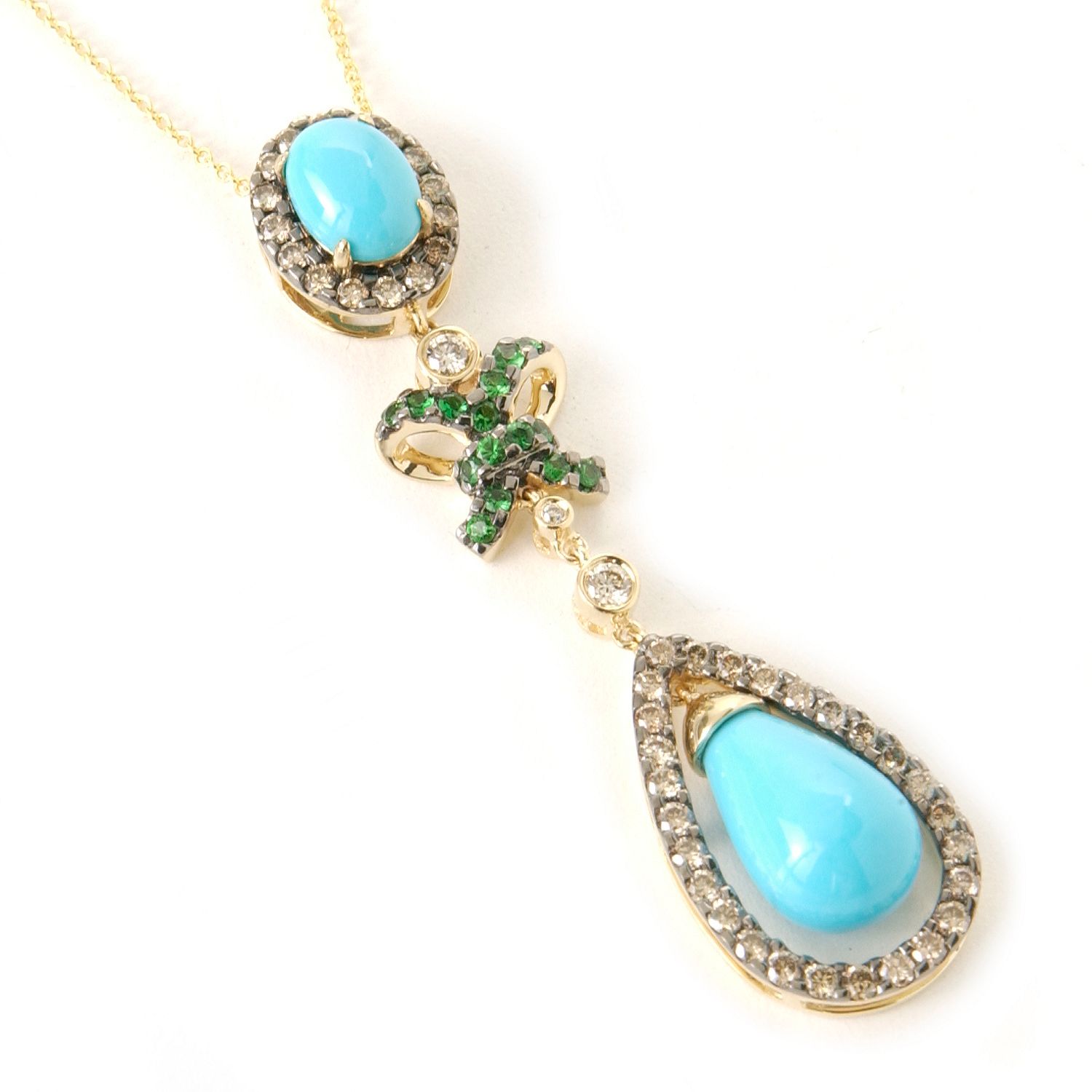 14K Gold Turquoise, Tsavorite & Chocolate / White Diamond Pendant