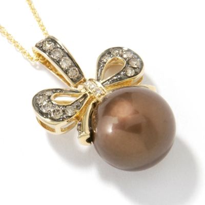14K Gold Chocolate South See Cultured Pearl & Diamond Bow Pendant w/ Chain