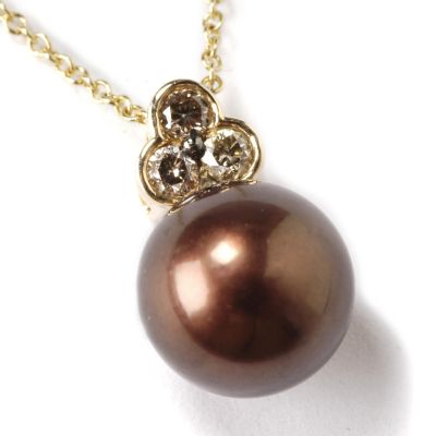 14K Gold Chocolate South Sea Cultured Pearl & Diamond Pendant w/ Chain