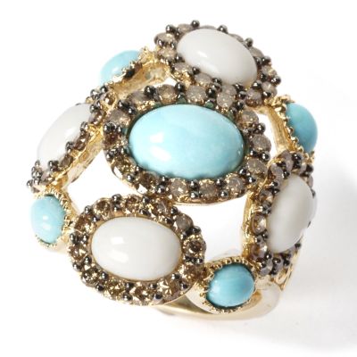 14K Gold Turquoise, White Agate & Chocolate Diamond Circles Ring