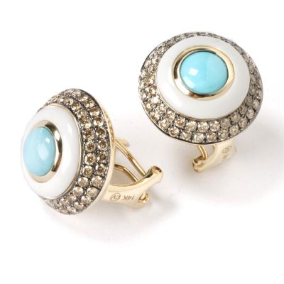 14K Gold Turquoise, Agate & Chocolate Diamond Earrings