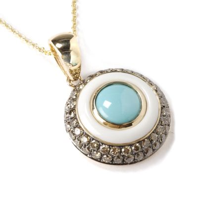 14K Gold Turquoise, Agate & Chocolate Diamond Pendant w/ Chain