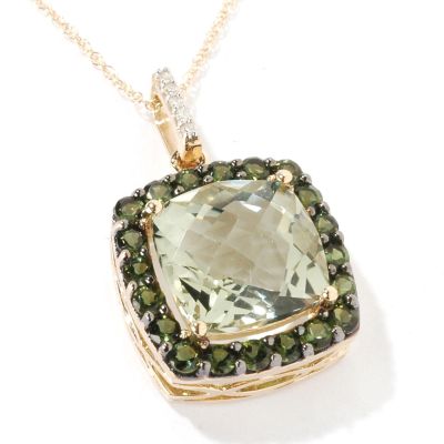14K Gold Green Amethyst, Green Tourmaline & Diamond Pendant w/ Chain