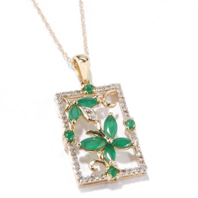 J305647 - 14K Gold Emerald & Diamond Butterfly Pendant w/ Chain