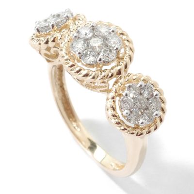 14K White or Yellow Gold Diamond Three-Cluster Ring