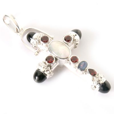 Sterling Silver Obsidian & Multi-Gem Cross Pendant