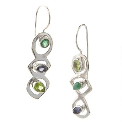 Sterling Silver Peridot , Emerald & Iolite Earrings