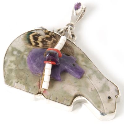 Sterling Silver Agate, Sugilite & Multi-Gem Bear Fetish Pendant