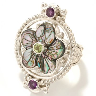 Sterling Silver Abalone Flower, Peridot & Amethyst Ring
