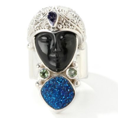 Sterling Silver Rainbow Obsidian Face, Druzy & Multi-Gem Ring
