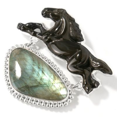 Sterling Silver Obsidian & Labradorite Running Horse Pin/Pendant