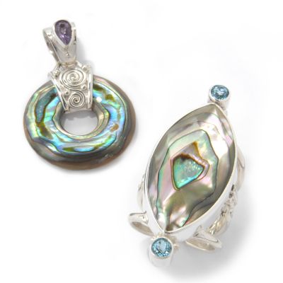 Sterling Silver Abalone, Amethyst, & Topaz Pendant & Ring Set