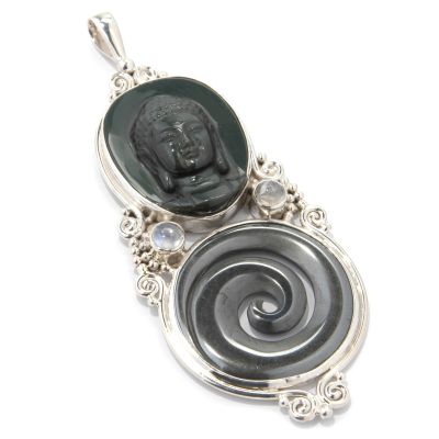 Sterling Silver Buddha Obsidian, Hematite Swirl & Moonstone Pendant