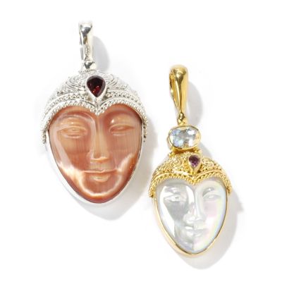 Sterling Silver & 22K Vermeil Multi-Gemstone Carved Goddess Pendant Set