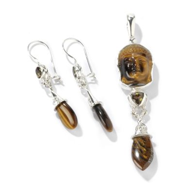 Sterling Silver Tiger Eye, Tiger Iron, Topaz Buddha Pendant & Earrings Set