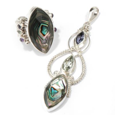 Sterling Silver Abalone & Multi-Gem Ring & Pendant Set