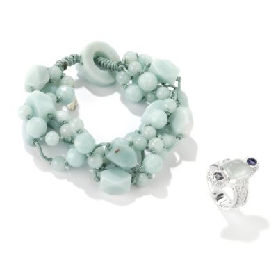 Sterling Silver Aquamarine & Iolite Ring & Amazonite Beaded Bracelet Set