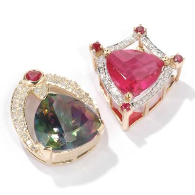 14K Gold Mystic Topaz / Quartz Multi-Gem & Diamond Pendants Set