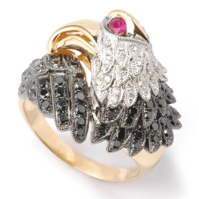 18K White/ Black Diamond & Ruby Bald Eagle Men's Ring