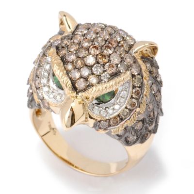 18K Gold Chocolate /  White Diamond & Green Garnet Owl Ring