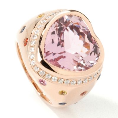 14K Rose Gold Kunzite, Multi-Sapphire & Diamond Heart Ring