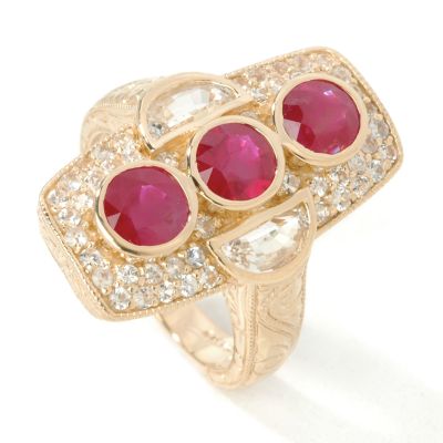 14K Gold Ruby & White Sapphire Three-Stone Elongated Ring
