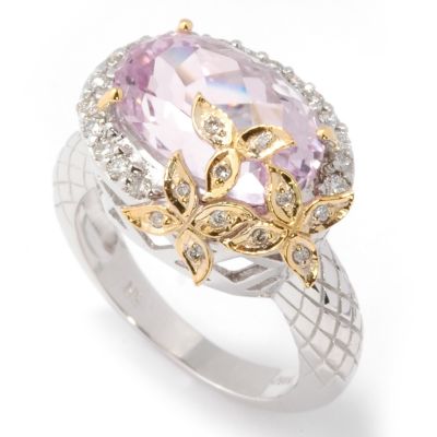 14K White / Yellow Gold Kunzite & Diamond Flower Overlay Ring