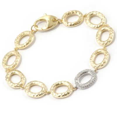 14K 7.5" WG/YG Diamond Oval Link Hammered Bracelet