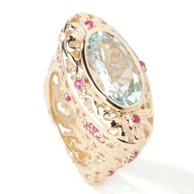 14K Gold Aquamarine & Ruby Ring