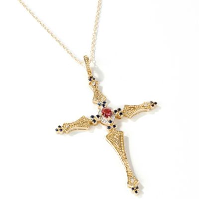 14K Tourmaline, Sapphire & Diamond Cross Pendant w/ Chain
