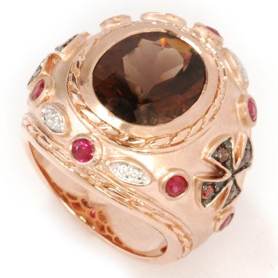 14K Rose Gold Smoky Quartz, Ruby & Diamond Ring