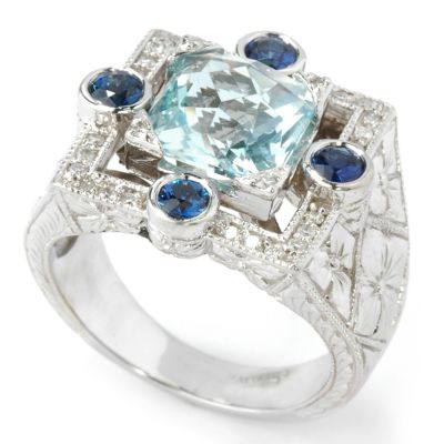 14K WG Aquamarine, Sapphire & Diamond Ring