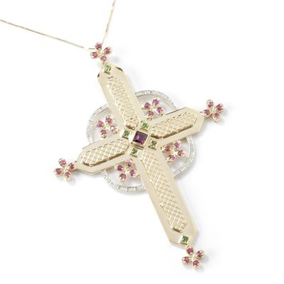14K Multi-Gemstone & Diamond Large Cross Pendant w/ Chain