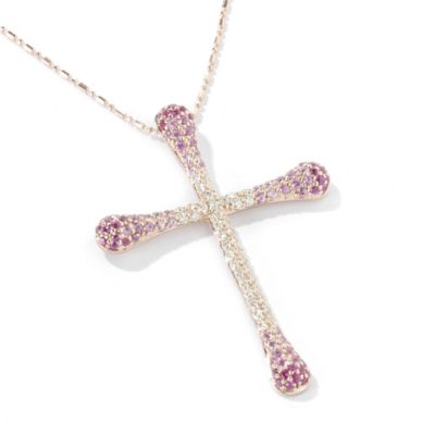14K RG Shaded Pink Sapphire & Diamond Cross Pendant w/ Chain