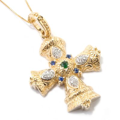 14K Emerald, Blue Sapphire & Diamond Cross Pendant w/ Chain