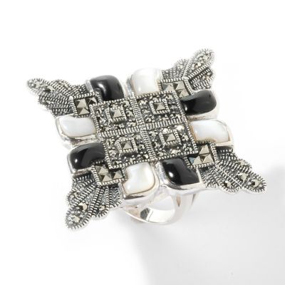 Sterling Silver Black Agate, Mother-of-Pearl & Marcasite Black & White Ring