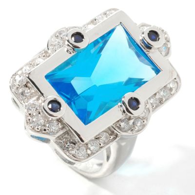 Sterling Silver / Platinum Simulated Aquamarine & Brilliante Ring