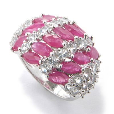 Sterling Silver Ruby Garnet or Blue Sapphire & White Topaz Dome Ring