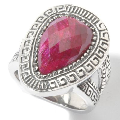 J309811 -  Sterling Silver Teardrop Ruby Greek Key Ring