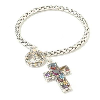 J309972 - Sterling Silver / 18K Gold 7.5" Multi-Gem Cross Charm Bracelet