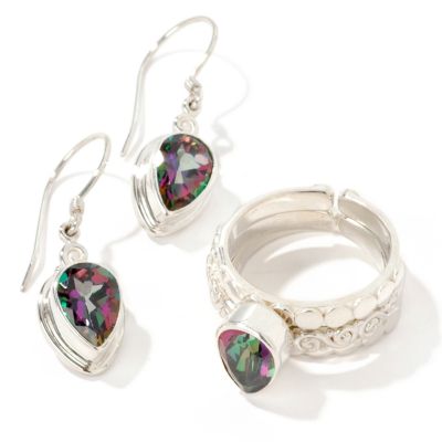 Sterling Silver Mystic Topaz Stack Ring & Earrings Set