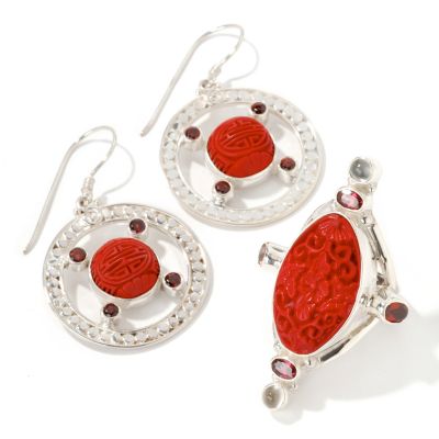 Sterling Silver Cinnabar & Multi-Gem Earrings & Ring Set