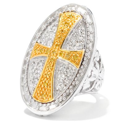 Sterling Silver / Platinum / 18K Black Diamond & White Zircon Cross Ring