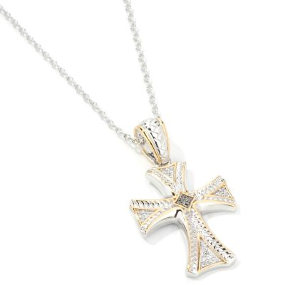 Sterling Silver / Platinum / 18K Black Diamond & White Zircon Cross Pendant
