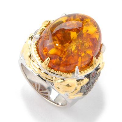 J311168 - Sterling Silver/ Palladium/ 18K Vermeil Baltic Amber & Gem Cougar Ring
